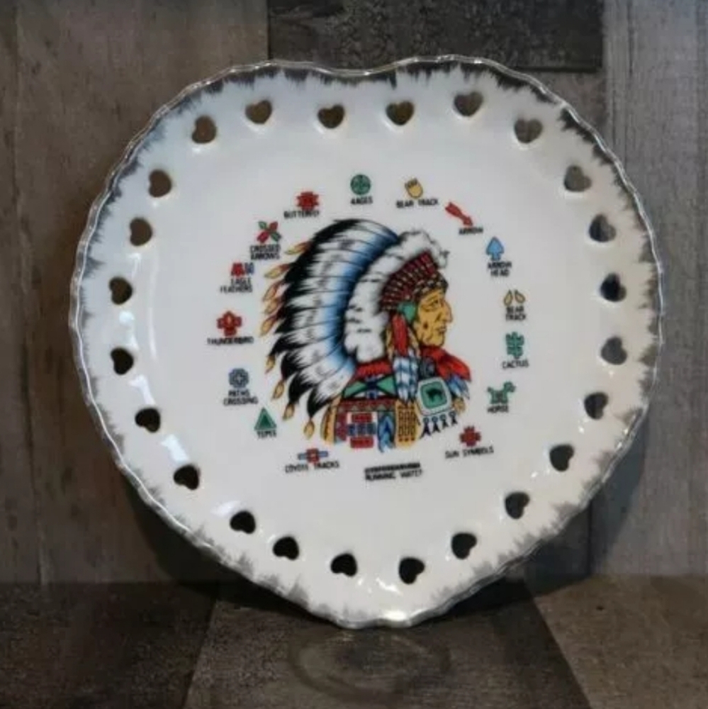 Heart Shape Ceramic Plate with Cut Outs Native American Tribal Symbols Vintage